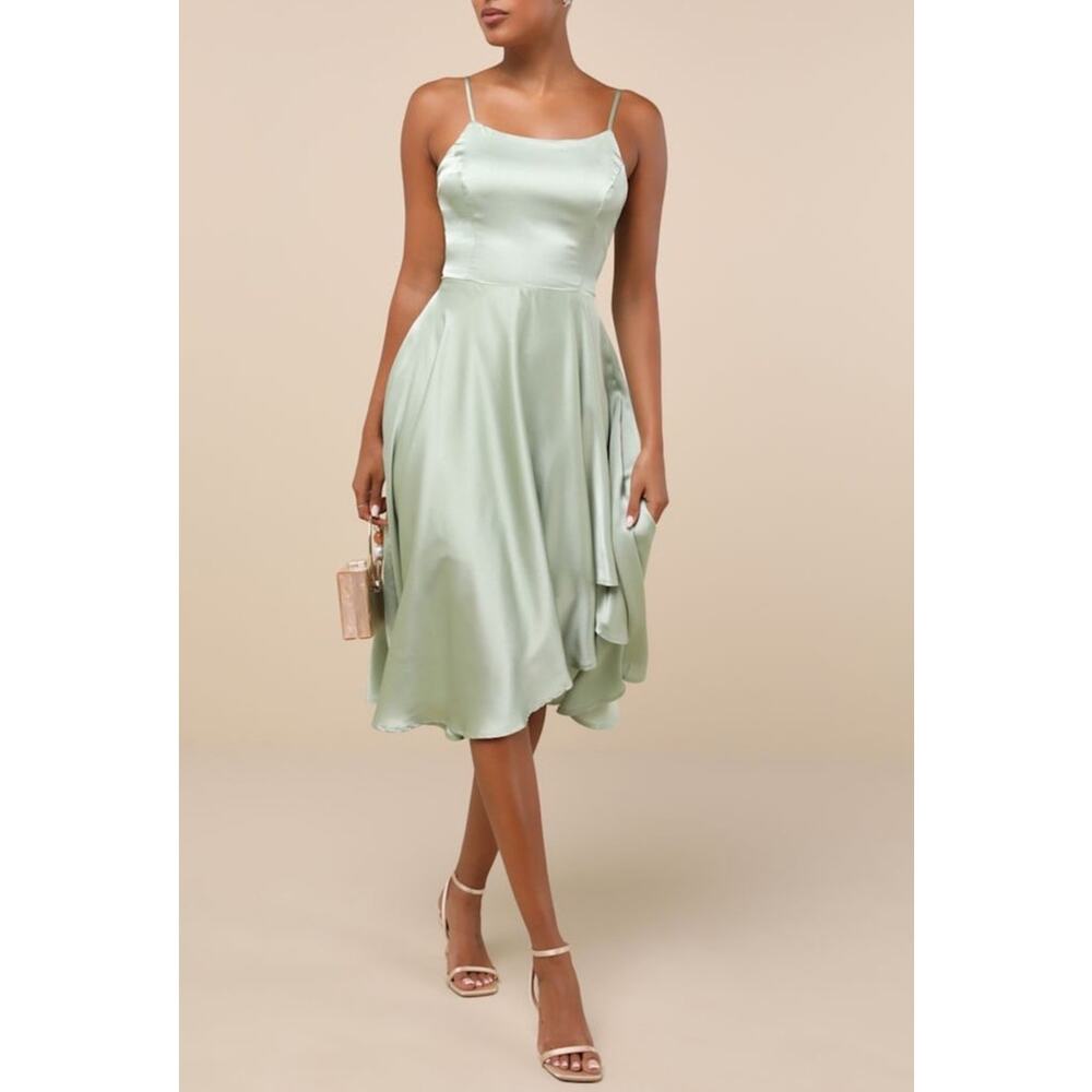 Lulus Days Like Today Sage Satin Asymmetrical Tie-Back Midi Dress NWT Sz S